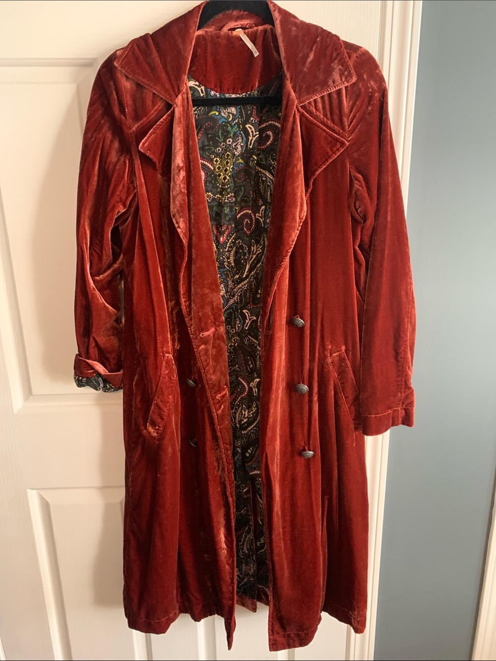 Free People Rust Red Velvet Trench Coat with Paisley Lining - Picture 3 of 6